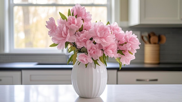 Een witte vaas vol roze bloemen zit op de toonbank.