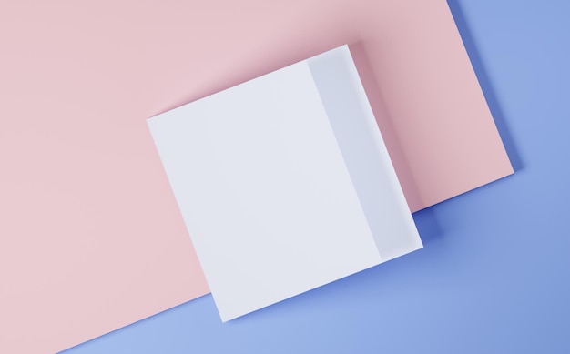 Een witte vierkante folder voor uitnodigingen of wenskaarten op een blauwe en roze achtergrond