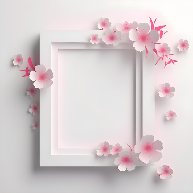 Een witte vierkante lijst met roze bloemen erop.
