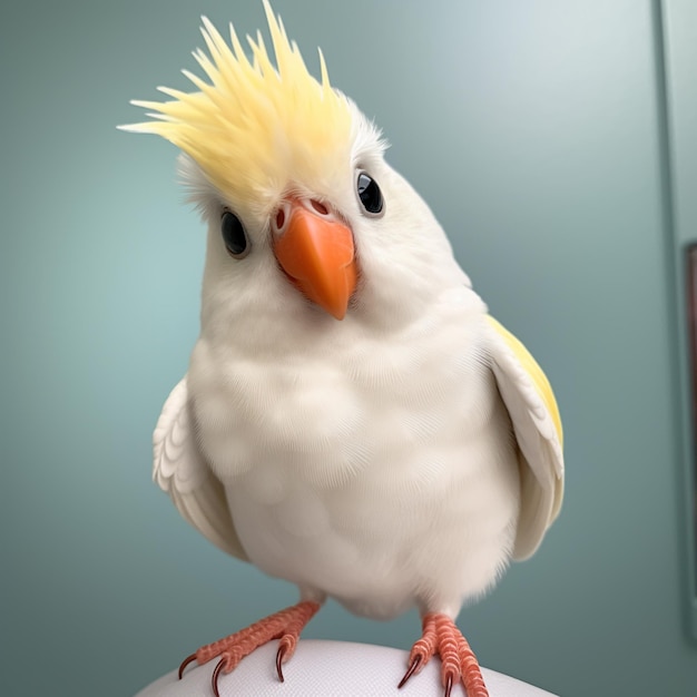 Een witte vogel met een gele hanenkam zit op een wit voorwerp.