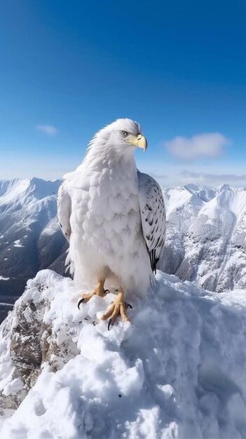 Een witte vogel met een gele snavel zit op een besneeuwde bergtop.