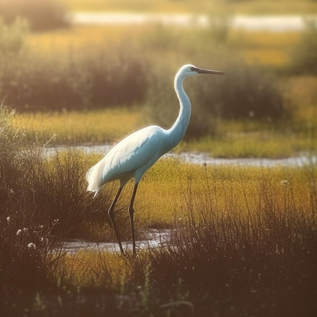 Een witte vogel met een lange nek staat in een moeras.