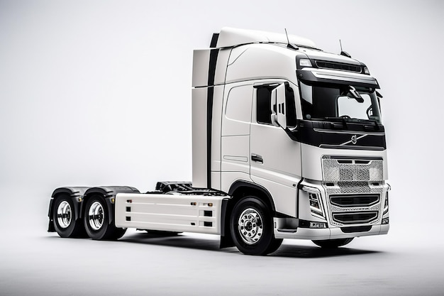 Een witte Volvo-truck met een zwart-wit logo.