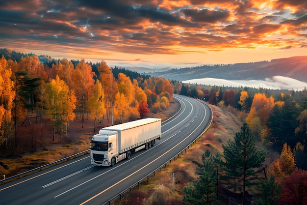 een witte vrachtwagen rijdt over een weg met bomen en een zonsondergang op de achtergrond