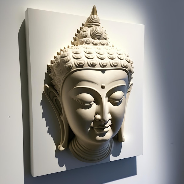 Een witte wandsculptuur van een gezicht met het hoofd van Gautama Boeddha als muurschildering voor huisdecoratie enz. Ai gegenereerd