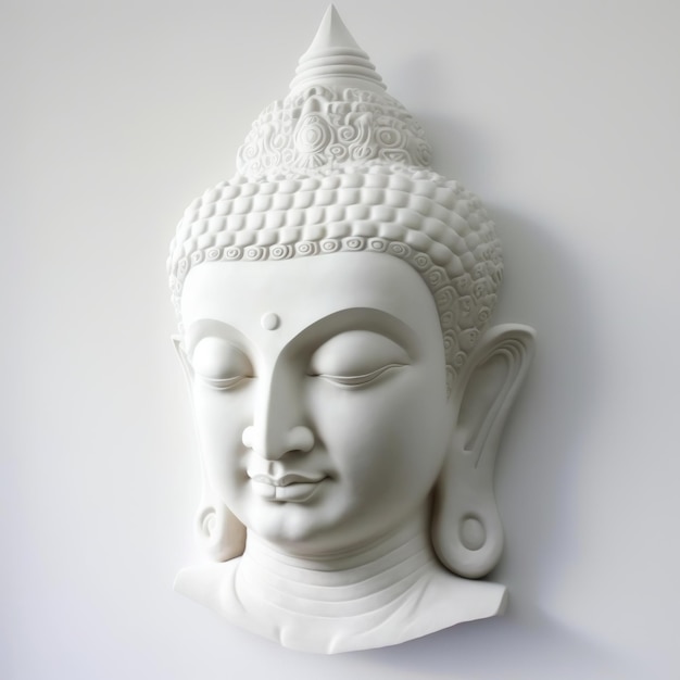 Een witte wandsculptuur van een gezicht met het hoofd van Gautama Boeddha als muurschildering voor huisdecoratie enz. Ai gegenereerd