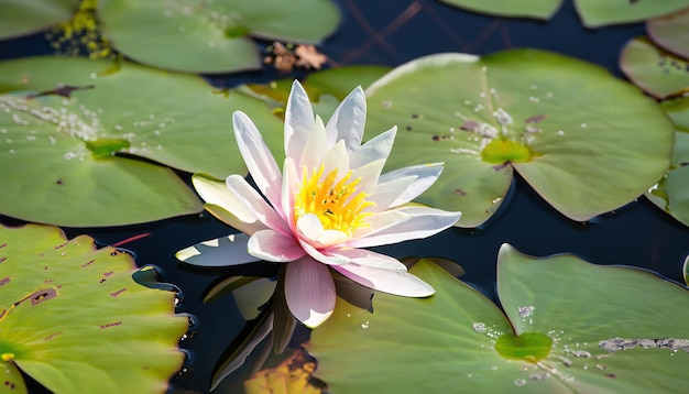 Een witte waterlelie zit in een vijver met waterlelies erop.