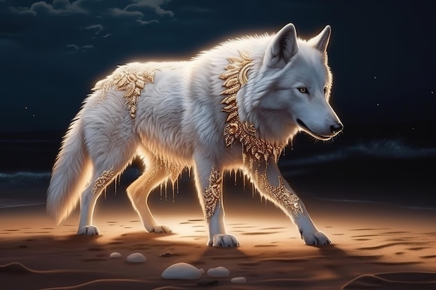 Een witte wolf met een ketting eraan