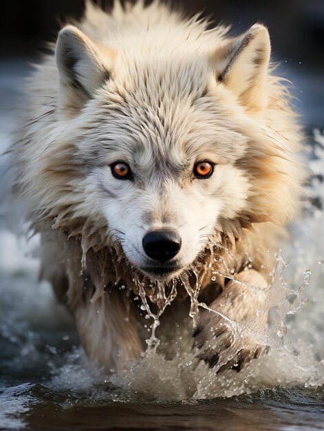 Een witte wolf met oranje ogen loopt door het water.