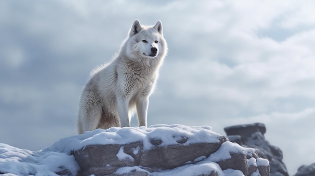 Een witte wolf staat op een besneeuwde rots met de zon die op de sneeuw schijnt