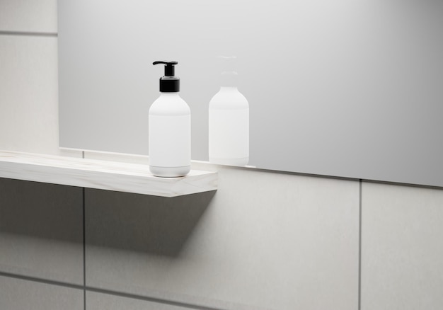 Foto een witte zeepfles met een pompje staat op een plank in de badkamer. 3d render van witte fles met zeep