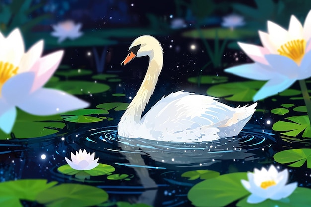 Een witte zwaan zwemt in een vijver met waterlelies