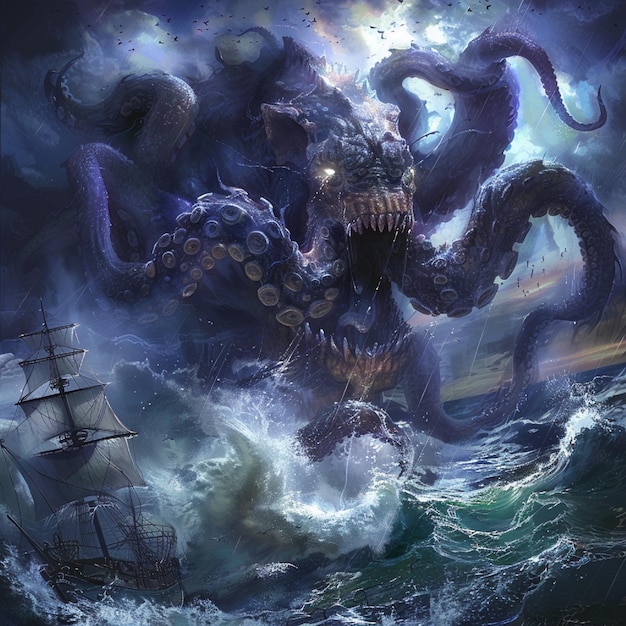 Een woedende kraken die uit de diepte van de oceaan klimt 7