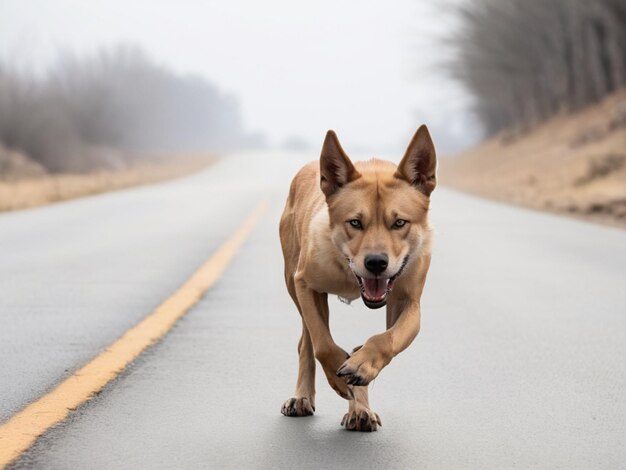 Een woeste hond stalkt zijn prooi op de weg.