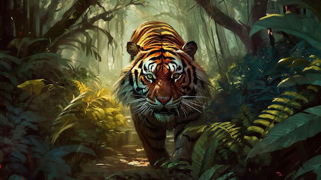 Een woeste tijger die door de door AI gegenereerde jungle stalkt