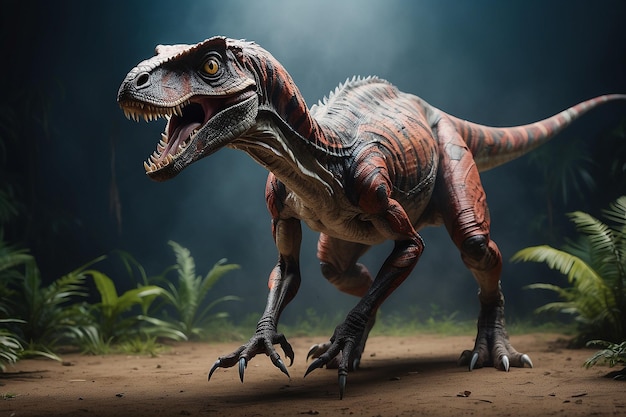 Een woeste Velociraptor die door het bos staat.