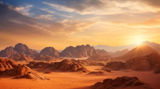 een woestijn met een bergketen op de achtergrond