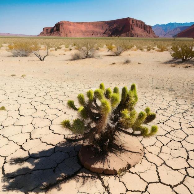 Een woestijn met een cactus er middenin