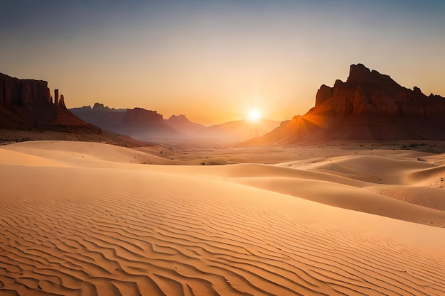 Een woestijn met een zonsondergang op de achtergrond