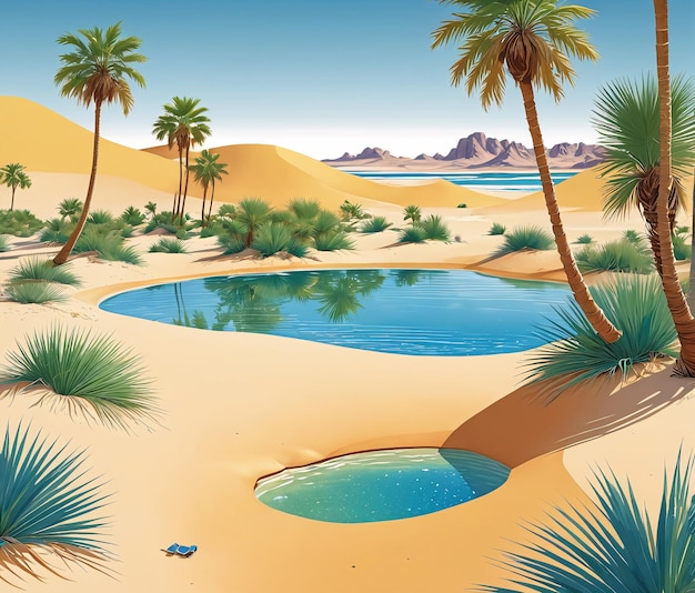 een woestijn met palmbomen en een zwembad