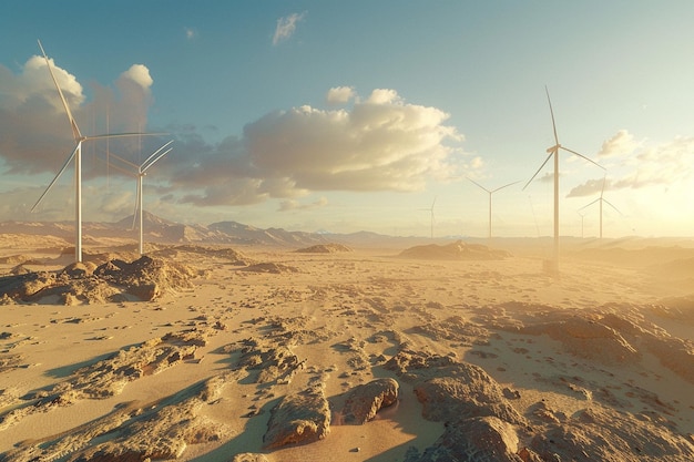 een woestijn met windturbines op de achtergrond