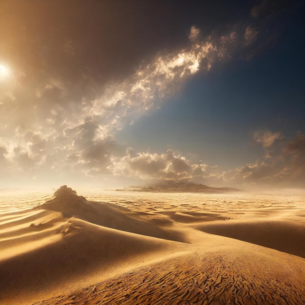 een woestijn met zandduinen en een berg op de achtergrond