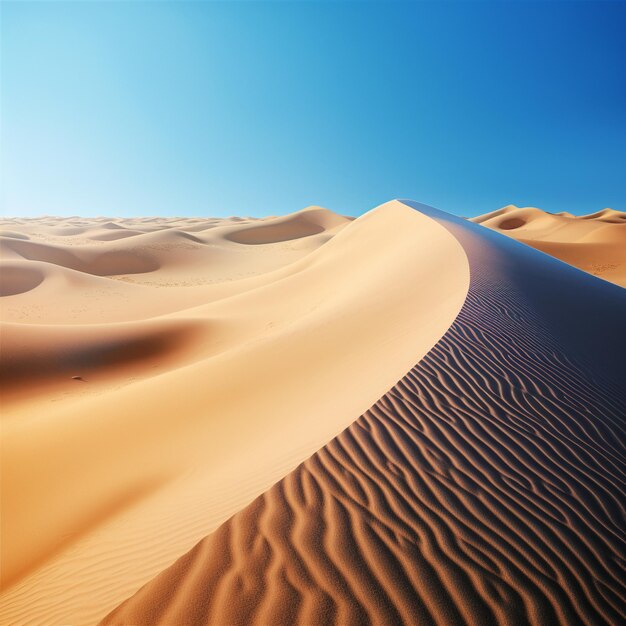 Een woestijn met zandduinen en een blauwe lucht
