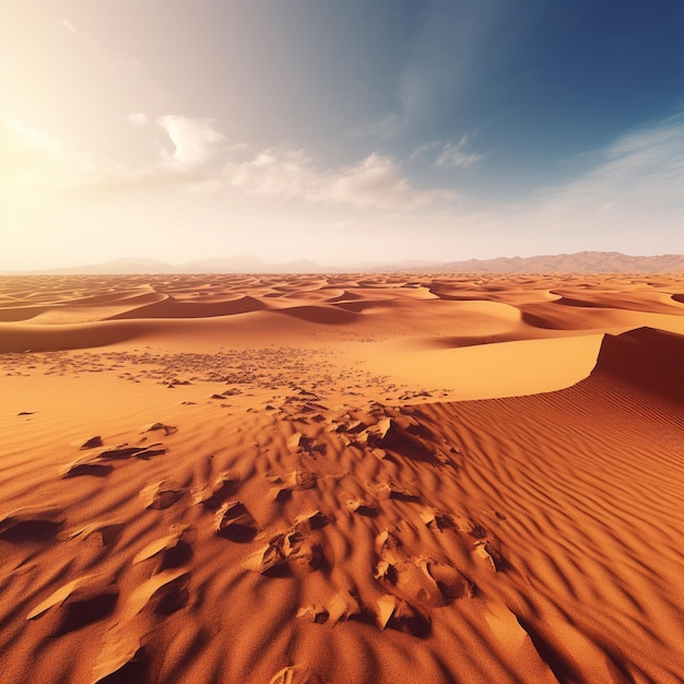 een woestijn met zandduinen en een zandduin op de achtergrond.