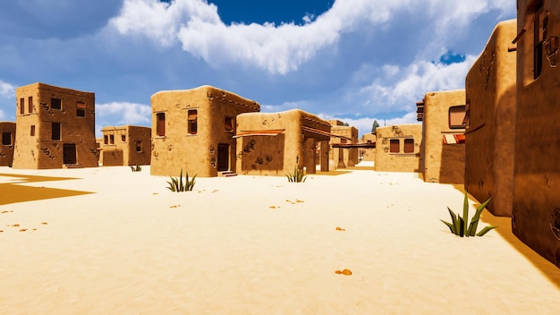 Een woestijndorp in een virtuele wereld een computer ontworpen 3D render illustratie