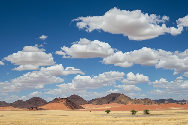 een woestijnlandschap met bergen en wolken op de achtergrond