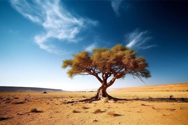 een woestijnlandschap met een boom er middenin