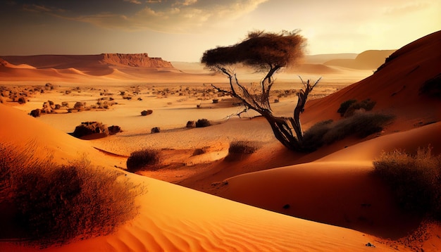 Een woestijnlandschap met een boom in de woestijn