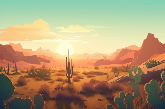 Een woestijnlandschap met een cactus en bergen op de achtergrond.