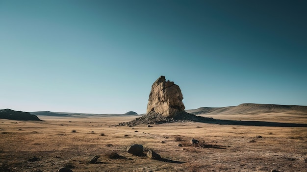 Een woestijnlandschap met een grote rots op de voorgrond en een blauwe lucht op de achtergrond.
