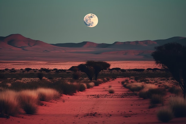 Een woestijnlandschap met een maan aan de hemel