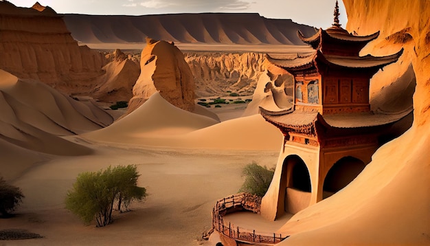 Foto een woestijnlandschap met een pagode en bergen op de achtergrond.