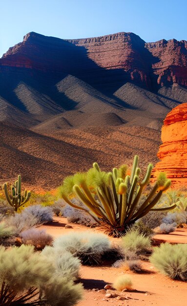 Een woestijnlandschap met een woestijntafereel en bergen op de achtergrond.