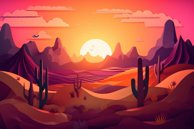 Een woestijnlandschap met een zonsondergang en bergen op de achtergrond.