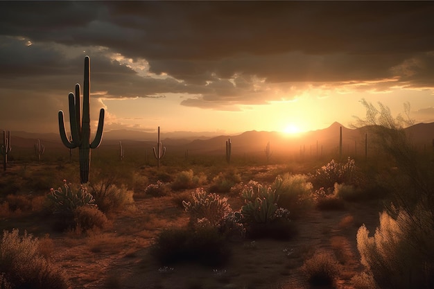 Een woestijnlandschap met een zonsondergang en een cactus op de voorgrond.