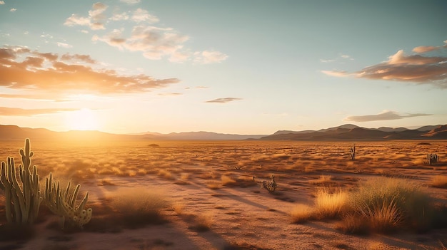 Een woestijnlandschap met een zonsondergang op de achtergrond