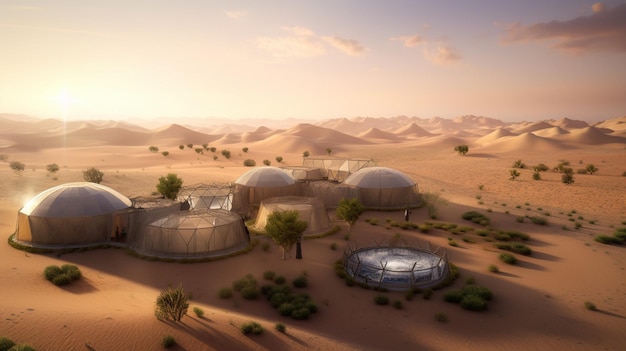 Een woestijnlandschap met in het midden een koepelvormig gebouw.