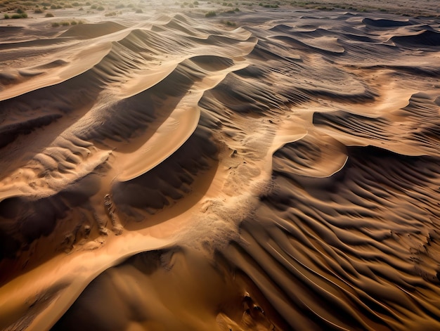 Een woestijnlandschap met zandduinen en enkele rimpelingen.