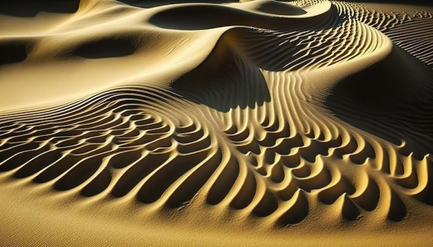 Een woestijnlandschap met zandduinen en rimpelingen.