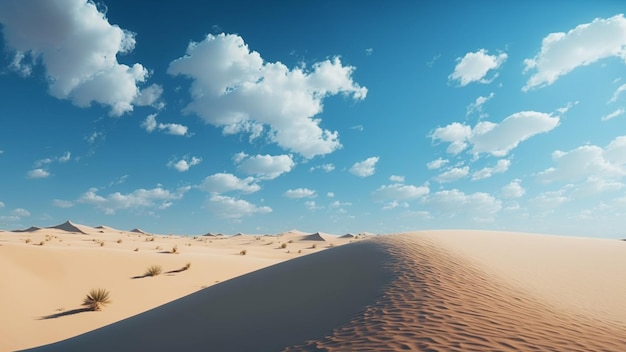 Een woestijnscène met een blauwe lucht en wolken