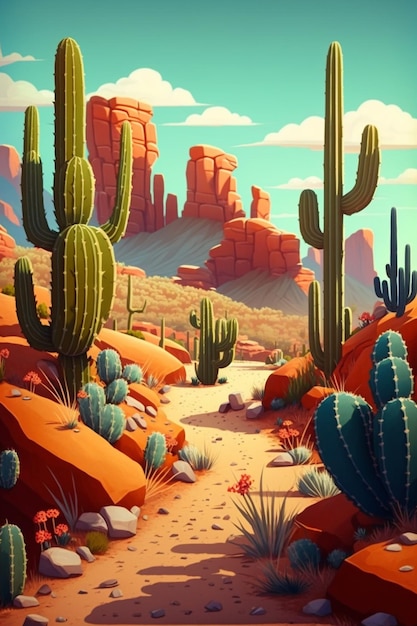 Een woestijnscène met een cactus en bergen op de achtergrond.