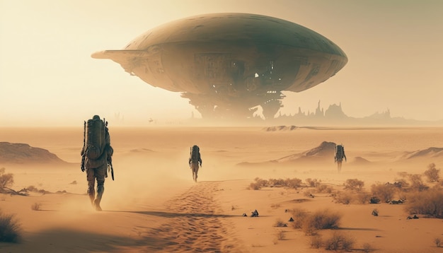 Een woestijnscène met een gigantisch luchtschip op de achtergrond.