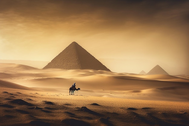 Een woestijnscène met een kameel en piramides op de achtergrond.