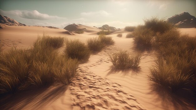 Een woestijnscène met een zonsondergang op de achtergrond
