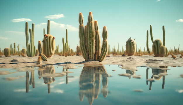 Een woestijntafereel met cactussen en een blauwe lucht