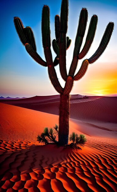 Foto een woestijntafereel met een cactus op de voorgrond en een zonsondergang op de achtergrond.